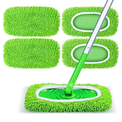 Reusable Mop Pads Fit Swiffer Sweeper 4-Pack Microfiber Mop Replacement Pads Washable Wet Mopping Cloths & Dry Sweeping Chenille Pads Refill for Floor Cleaning