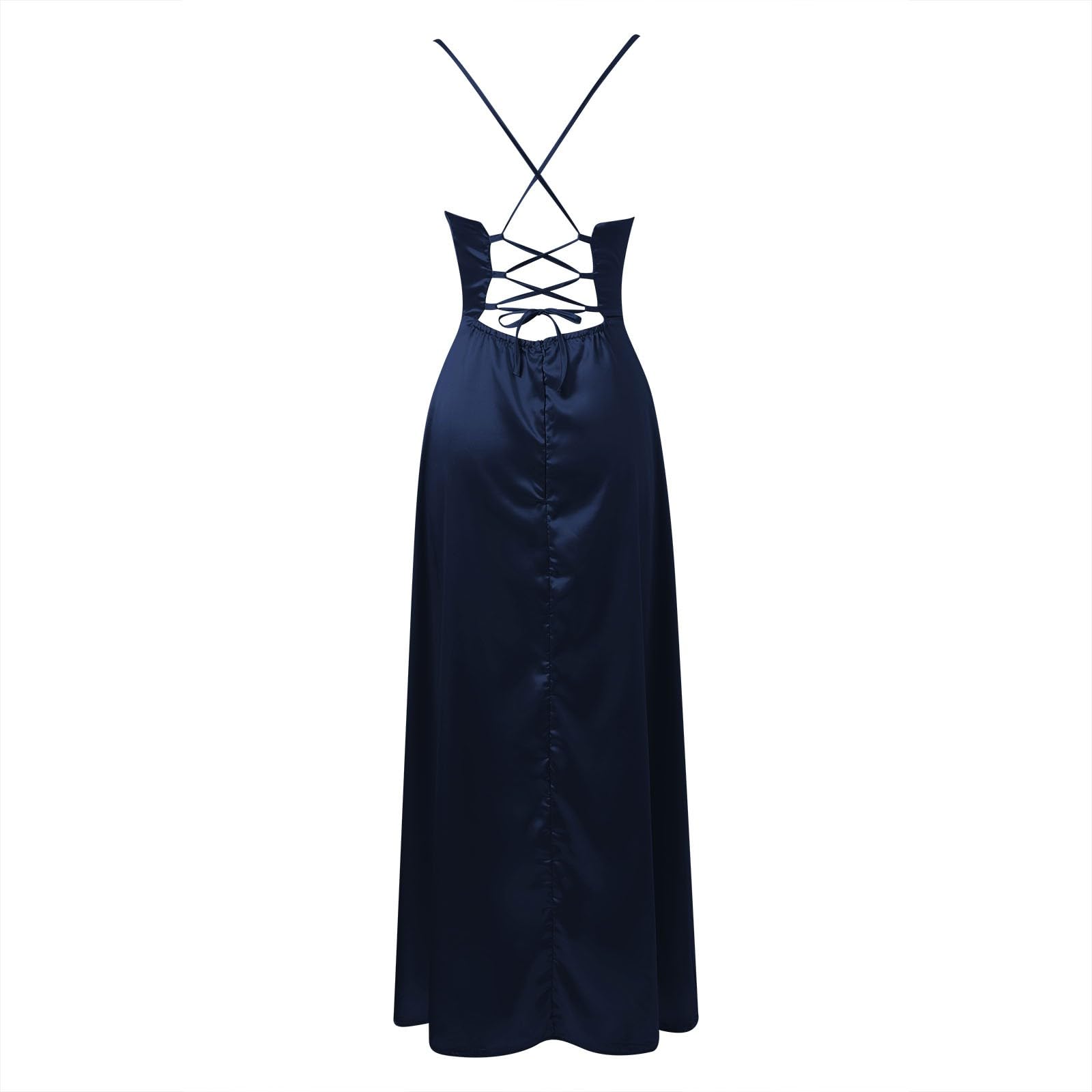 Generisch Robe de soirée longue en satin pour femme - Dos nu - Élégante - Sans manches - Bretelles spaghetti - Coupe ajustée - Robe de demoiselle d'honneur - Robe de cocktail - Robe de remise de