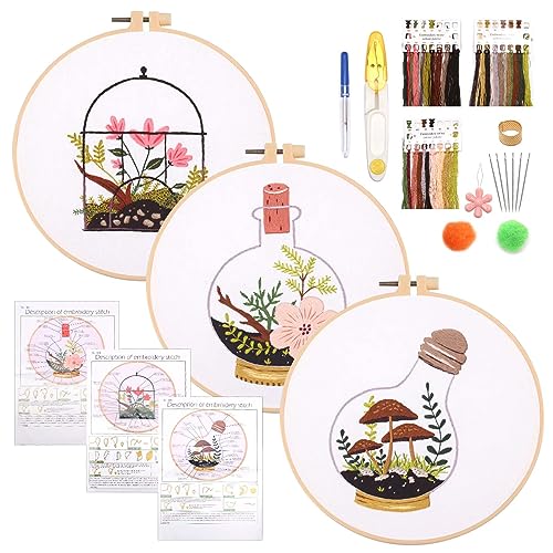 Broderi startkit, 3 st korsstygn broderi kit med modell och instruktioner, nybörjare broderikit för vuxna för gör-det-själv-konst hantverk sömnad (blommor och växter)