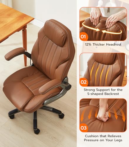 Office Desk Chair, Ergonomic Computer Chair with Padded Flip-Up Arms and Adjustable Lumbar Support, PU Leather Executive Chair with Tilt Lock and 360° Swivel Rolling Wheels for Work, Study