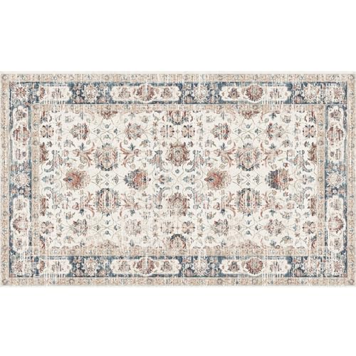 Image of CXTAI Vintage Boho Small Area Rug for Living Room Bedroom Entryway 90x150cm (3x5ft) Non-Slip Machine Washable Short Pile Rugs - Beige Style