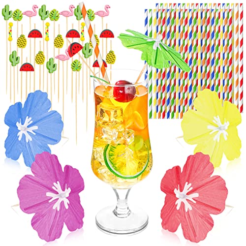 160 Pieces Umbrella Cocktail Pick for Drinks Hibiscus Fruit Sticks Colorful Straws Parasol Cocktail for Luau Hawaiian Tropical Summer Beach Pool Wedding Party Decor