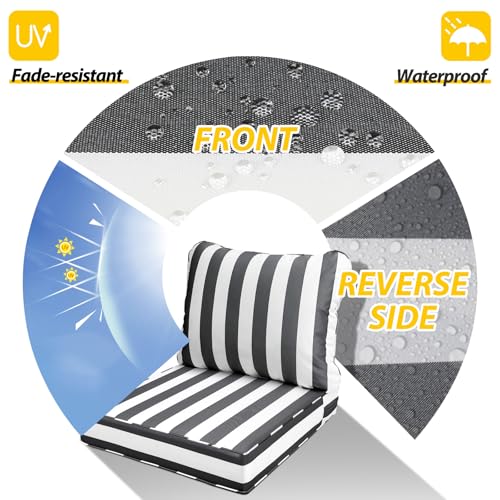 Image of AAAAAcessories Outdoor Seat Cushions for Chairs, Fade-Resistant, Waterproof Patio Furniture Replacement Cushions, 22 inch x 24 inch x 5 inch + 22 inch x 19 inch, Gray Cabana Stripe