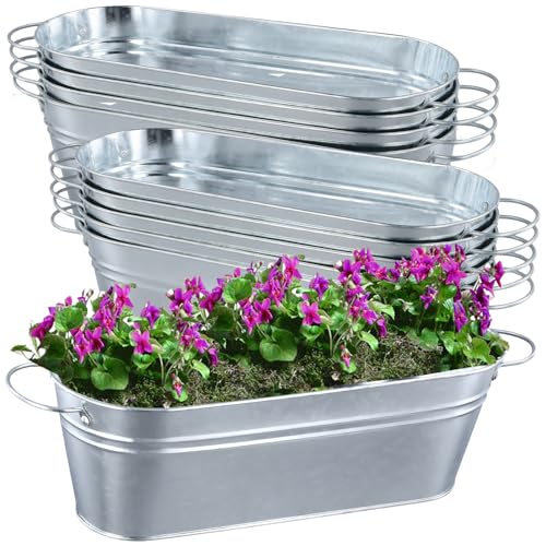 ZOENHOU 10 PCS Metal Oval Trough Planter, Galvanized Flower 