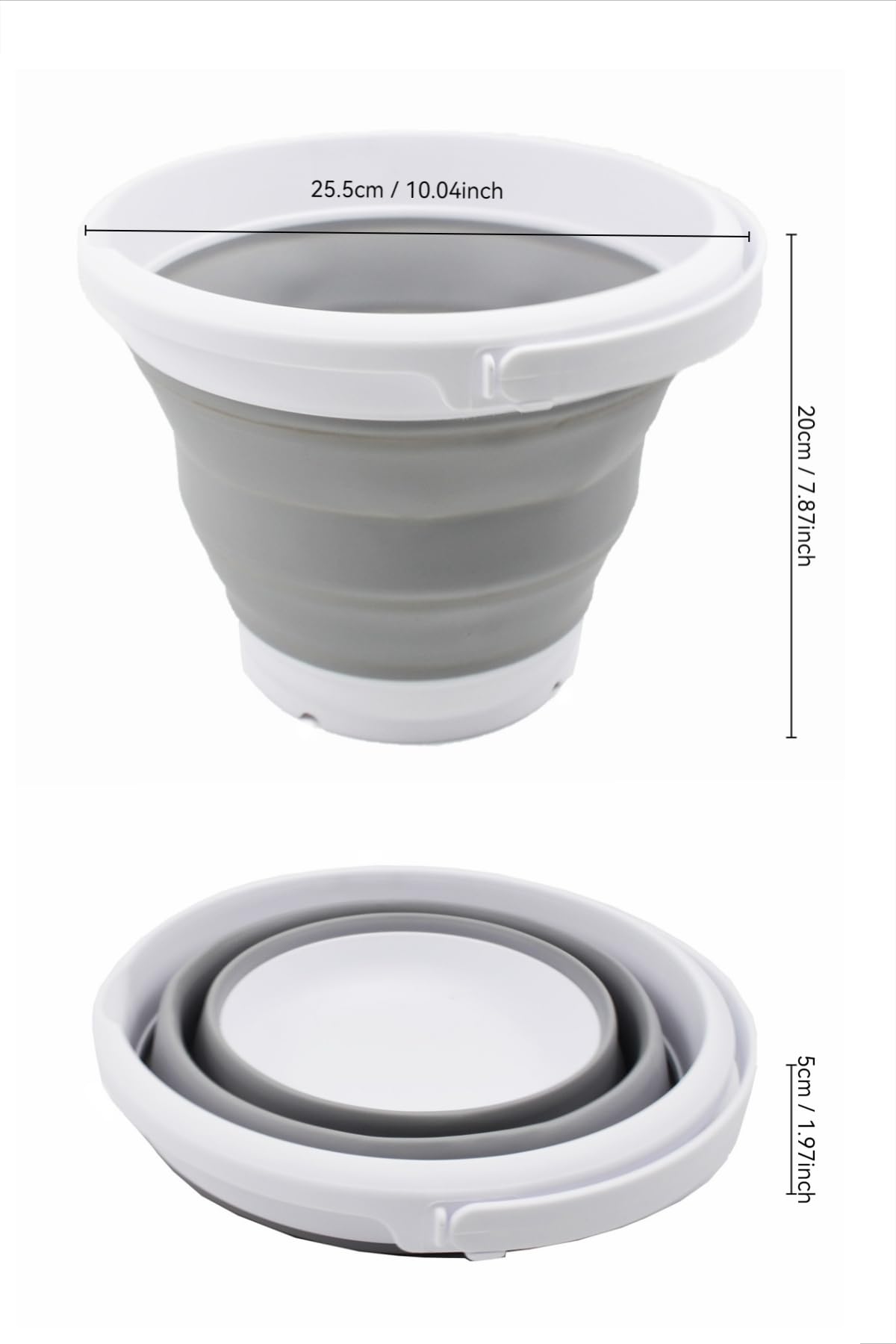 SAMMART Seau en plastique pliable de 5,5 l – Bac rond pliable – Seau à eau portable pour pêche – Pot d'eau d'extérieur peu encombrant (blanc/gris, 1)
