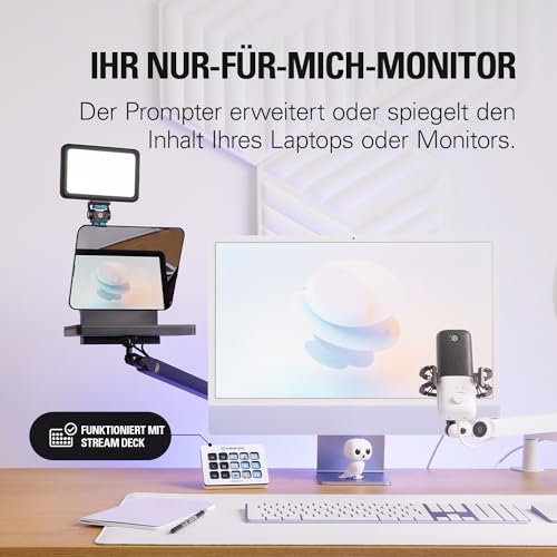 Elgato Prompter – Teleprompter mit integriertem Bildschirm für YouTube, Twitch, Zoom, Teams und mehr, unterstützt DSLR/Webcam/Smartphone, Drag&Drop-Monitoranzeige, funktioniert mit Mac/PC&Stream Deck