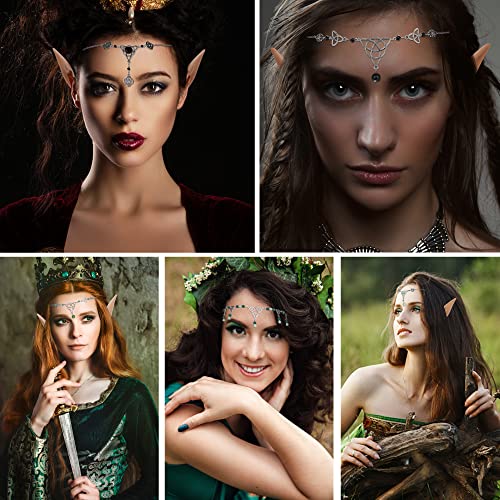 Freshme Fairy Elf Ears With Celtic Headpiece Kit - Elf Ears And Celtic Knot Head Chain Boho Crystal Bead Forehead Pendant Headband Women Girls Halloween Renaissance Larp Cosplay Costume #TOP5
