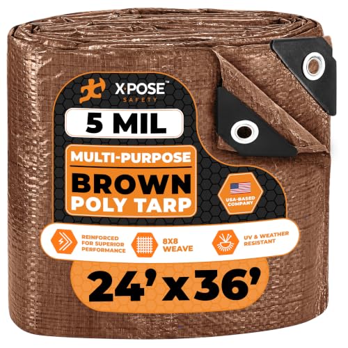 Image of Multipurpose Protective Cover Brown Poly Tarp 24' x 36' - Durable, Water Resistant, Weather Resistant - 5 Mil Thick Polyethylene - by Xpose Safety