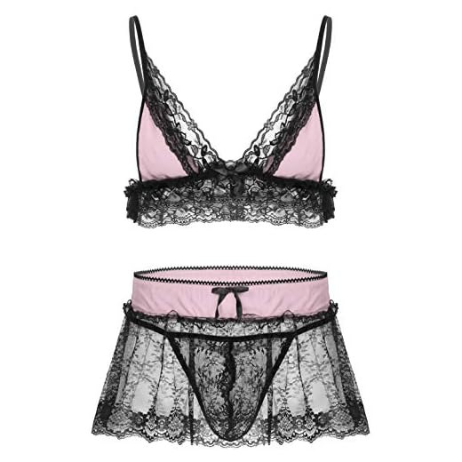 IEFIEL Sissy Conjuntos de Lencería para Hombre Sujetador Encaje+Sissy Tangas Estilo de T-Back+Minifalda Transparente Sexy Ropa Interior Babydoll Rosa XL