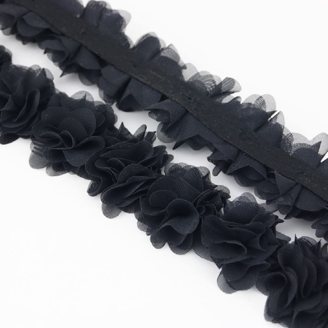 Yalulu 5 Yards 3D Chiffon Flower Lace Edge Trim Ribbon Fabric Applique Edging Trimming Fabric Craft Embroidered Applique Sewing Wedding Dress Decoration (Black)