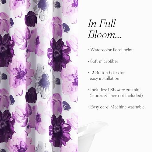 Image of Lush Decor Leah Floral Shower Curtain, 72 inch W x 72 inch L, Gray /Purple - Fabric Shower Curtains - Watercolor Botanical Bathroom Curtain - Farmhouse & French Country Decor