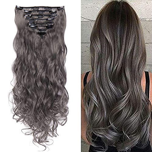 24 Inches Long Curly Full Head Clip in Synthetic Hair Extensions 8pcs 170g (24"-Curly, Dark Grey)