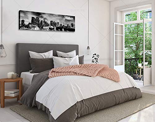 Image of Black and White Los Angeles Skyline Canvas Wall Art Framed 13.8 inch x 47.3 inch | Panoramic Skyline Print, Ready to Hang for Bedroom, Office, Living Room Decoration
