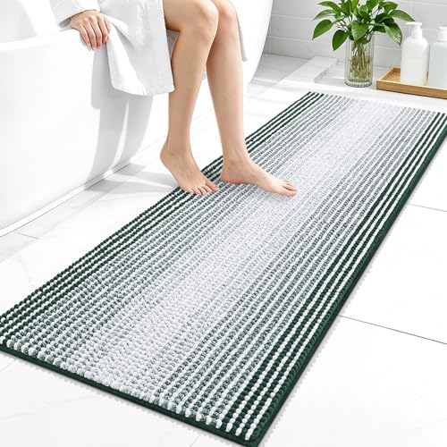 Image of OLANLY Bathroom Runner Rugs 47x20, Extra Soft Absorbent Chenille Striped Bath Rugs, Rubber Backing, Machine Wash Dry, Long Bath Mats for Bathroom, Tub, Shower, Home Decor Accessories, Blackish Green