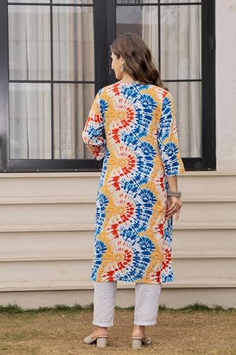 Image of Women's Tie-Dye Printed Kurti, V-Neck, 3 /4 Sleeves, Multicolour, Casual Wear
