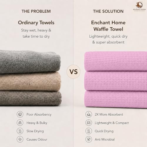 Image of Pure Cotton Waffle Towel | Lightweight | Anti Microbial and Water Absorbent | Soft Touch Quick Drying Bath Towel (Pink, Pack of 1)