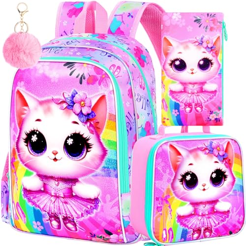 CCJPX 3PCS Cat Backpack for Girls, 16”Kids Ballet Preschool Bookbag with Lunch Box, Cute Ballet Water Resistant School Bag for Elementary Kindergarten Toddler