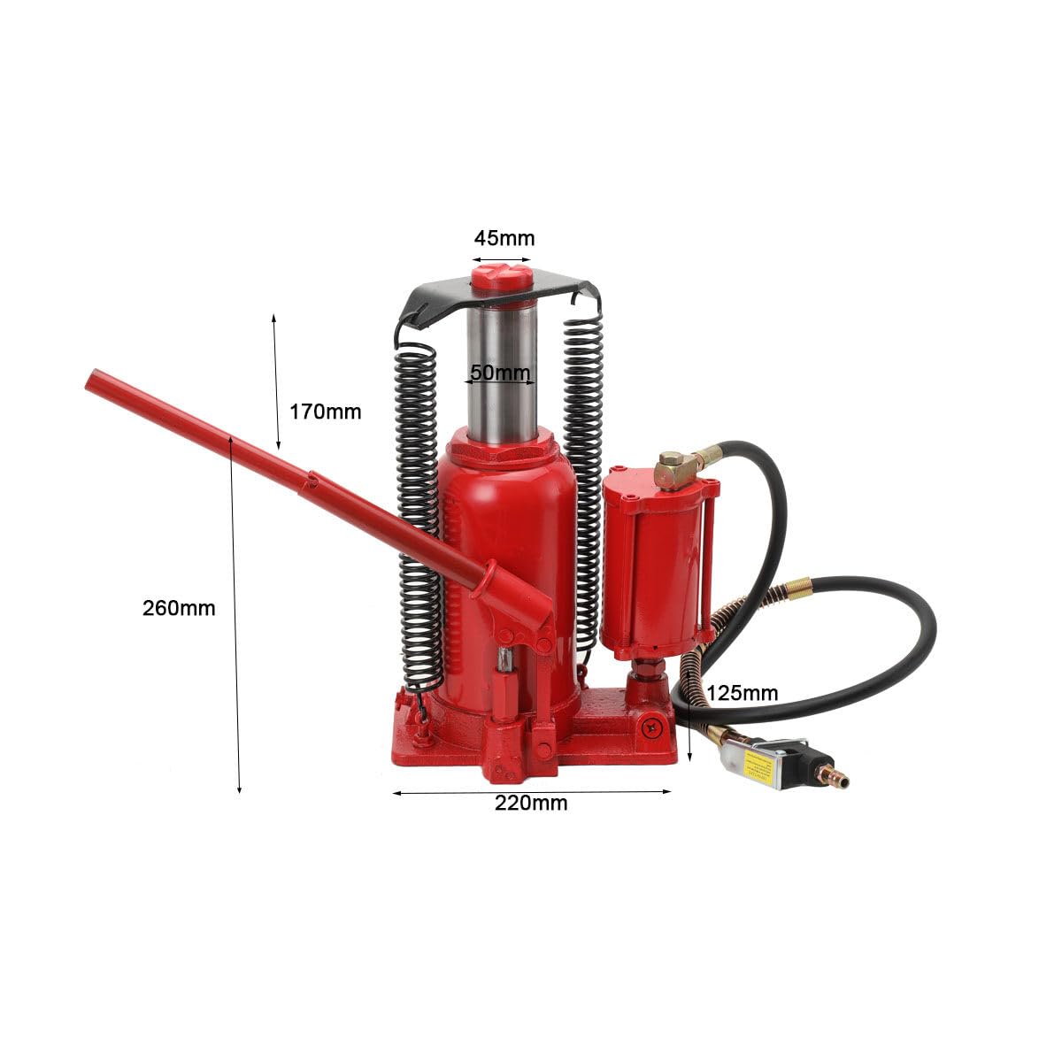 Cric Idraulico a Bottiglia 20 T, Cric Idraulico ad Aria Compressa Martinetto Sollevatore Uso Pneumatico e Manuale, Altezza di Sollevamento 260 – 510 mm, Idraulico Air Jack