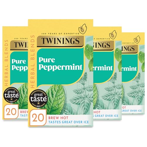 Twinings Pure Peppermint Flavoured Tea Bags - 80 Biodegradable Bags (Multipack of 4 x 20), Caffeine & Sugar Free Herbal Tea for Digestion & Refreshment, Natural Peppermint Flavor
