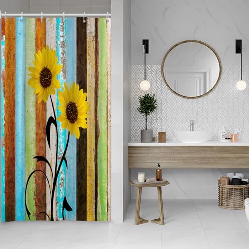 MIRRORANG 105x160cm Rustic Sunflower Shower Curtain Teal Wooden Board Farmhouse Country Shower Curtain for Bathroom Waterproof Polyester Fabric Set including Hooks - Image 4