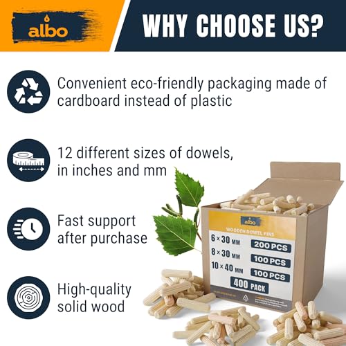ALBO Wooden Dowel Pins 400 Pack Assorted Sizes 6х30 / 8х30 / 10х40mm (1/4\" x 1.18\", 5/16\" x 1.18\", 2/5\" x 1.57\") Fluted Wood Dowels Rods Hardwood Crafts Dowel Pegs