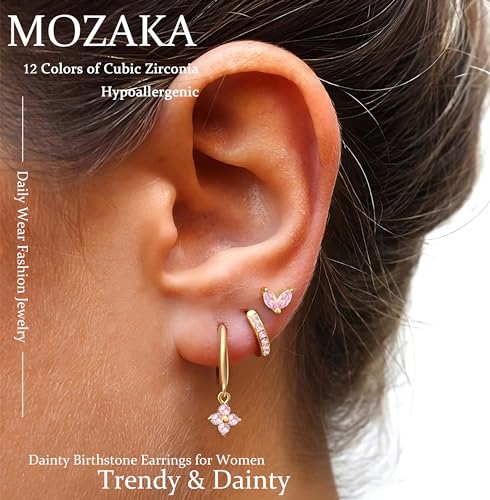 MOZAKA 3 Pairs Dainty Gold/Silver Three Hole Birthstone Earrings Set for Multiple Piercing Non Tarnish 14k Gold Plated Hypoallergenic Cartilage Small Hoop Stud Earrings Stacks Set for Women Birthday Gifts3