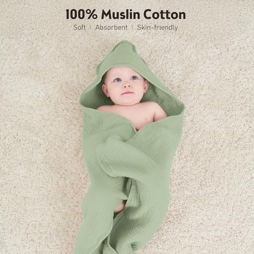 Image of Susurration Hooded Baby Towels for Newborn 2 Pack 100% Muslin Cotton Towel for Babies,Highly Absorbent and Newborn Essential (Blue&Green)