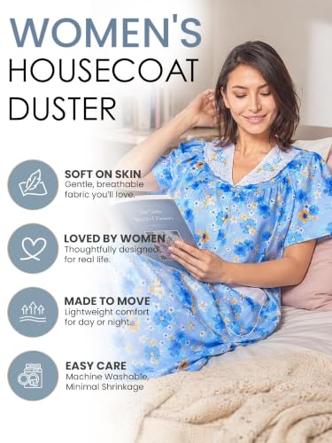Image of Casual Nights Women's Snap - Front House Dress Short Sleeve Woven Housecoat Duster Lounger Robe with Pockets