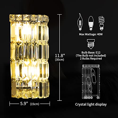 Ceenli 2 Lights Modern Crystal Wall Sconce, Chrome Wall Light With E12 Bulb Holder For Bedroom,Hallway, Living Room, Dining Room (Bulb Not Included) Semicircle Base H11.8 Xd5.9 #TOP3