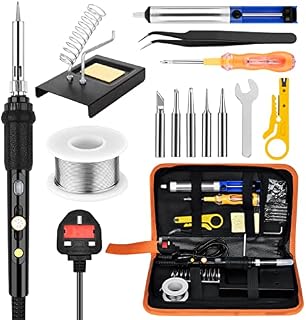 Soldering Iron Kit Welding Tools - 60W 240V with ON/Off Switch & Working Indicator Light 200-450°C Temperature Adjustable 5 Tips Solder Wire Desoldering Pump 2 in 1 Stand Cutter Screw Driver