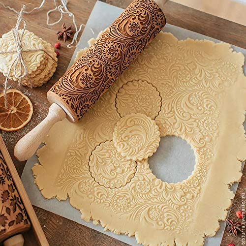 ECOSWAY Rodillo de madera con estampado de flores, de madera grabada con láser, rodillo grabado con láser, rodillo grabado en relieve para hornear galletas en relieve, grande, 43 x 5 cm Cover