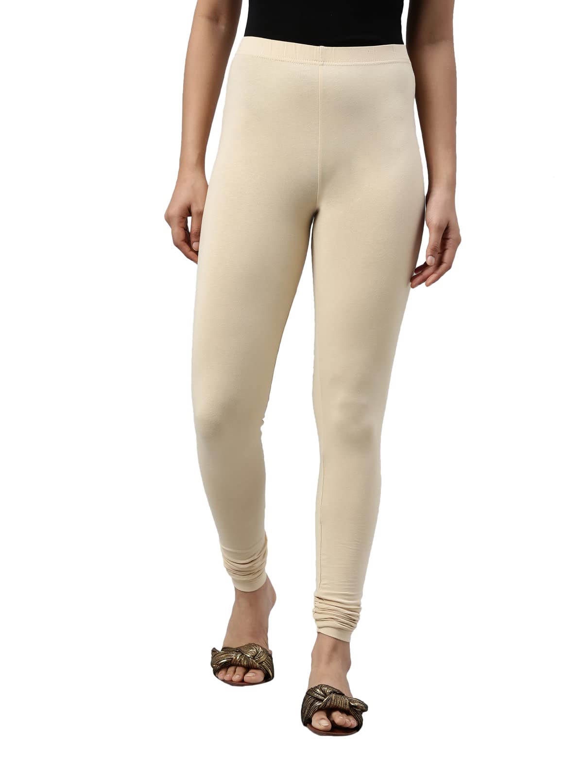 GO COLORS Soft Cotton Stretch Churidar for Women | Breathable, Mid Rise, Full Length, Dark Cream- 2X