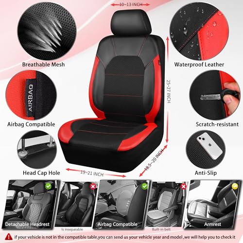 Image of CAR PASS Leather Car Seat Covers Front Seats Only, with Air Mesh Front Seat Covers Breathable, Cool Automotive Seat Covers 2 Pack, Universal Fit Most Cars,SUV,Truck,Van Airbag Compatible(Black & Red)
