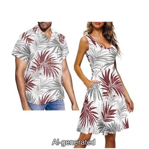 Image of Dreaweet Summer Dresses for Women A-Line Sleeveless Flowy Sun Dresses,Men's Casual Button-Down Shirts,Couple Matching Outfits