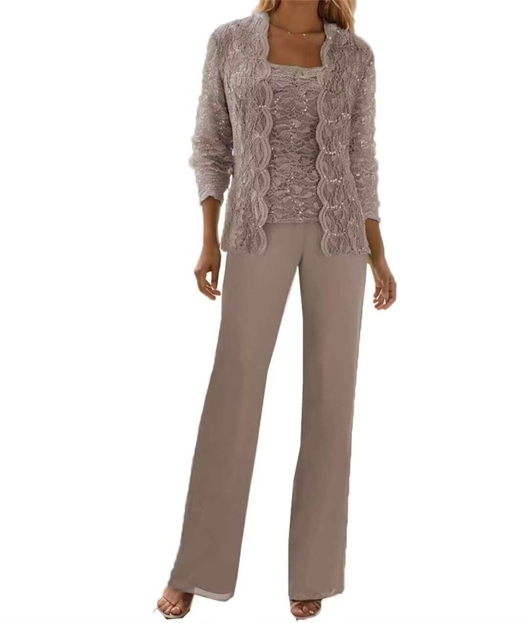 3 Pezzi Pizzo Chiffon Madre della Sposa Pantaloni Abiti con Giacche Paillettes Abiti da Sposa per Le Donne