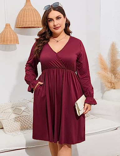 Image of ShopWonder Plus Size Dress Women's V Neck A-Line Knee Length Wrap Swing Dresses Plus Size A Line Party Mini Dress