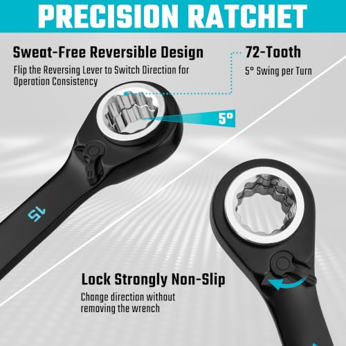 Image of DURATECH 4-in-1 Reversible Ratcheting Box Wrench Set, Metric, 2 Pcs, Black | Double Box End, 8mm, 10mm, 12mm, 13mm & 14mm, 15mm, 17mm, 19mm, CR-V Steel, Black Electrocoat, Rolling Pouch