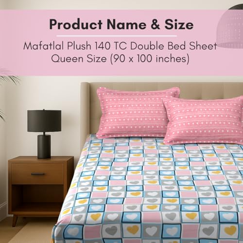 Image of MAFATLAL Plush 140 GSM Double Bed Sheet | Smooth Microfiber | Queen 90x100 | Lightweight, Soft & Vibrant | Pink & Light Blue