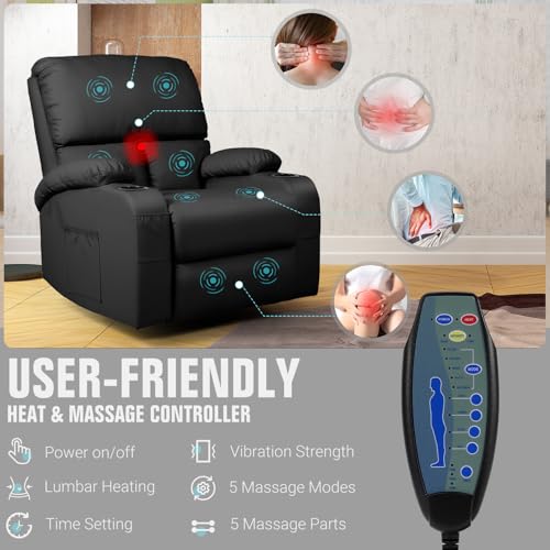 Image of LEVELEVE Rocking Recliner Chair, Massage Rocker Recliner Chair with Vibration Massage and Heat, 360 Swivel Faux Leather Chairs, Living Room, Bedroom, Nursery, RV, Black