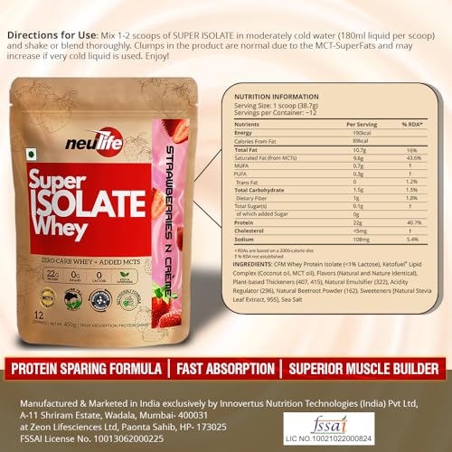 Image of Neulife SUPER ISOLATE Whey | Next-Gen Whey Isolate Protein Powder for Biohackers with Ketofuel MCTs for Protein Sparing and Maximum Absorption- 900g (450gx2) (Strawberries & Cream)
