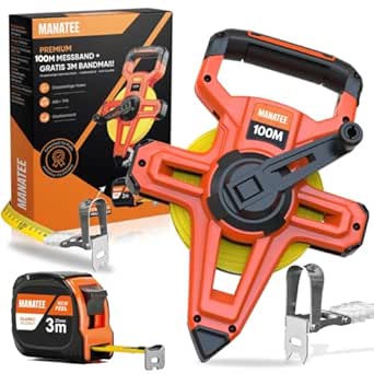 Maßband 100 m Bandmaß mit 3:1 Getriebe & schnellem Rücklauf – Rollbandmaß aus witterungsbeständigem Fiberglas mit Kurbelarretierung, Multifunktionshaken & ergonomischem Griff + GRATIS 3 m Mini-Maßband