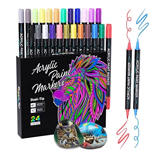 Sonlaryin Rotuladores Acrilicos, 24 Colores Rotuladores de Pintura Acrílica Doble Punta con Fina y Pincel, Rotuladores Acrilicos Permanentes para Roca, Cristal, Cerámica, Plastico, Tela, Metal