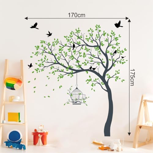 Image of Rawpockets Tree with Birds and Cage Self Adhesive Wall Sticker (Light Green)-Vinyl