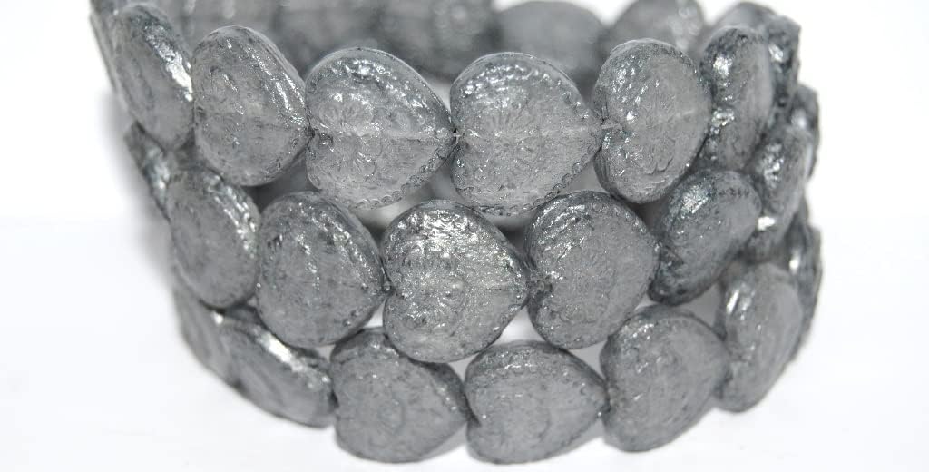 30 pcs Heart with Flower Pressed Glass Beads, (Lava Glass 43621), Glass, Czech Republic, Size 18 x 17 mm (0.71 x 0.67 in)