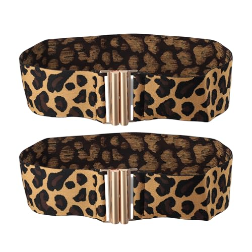 2 PCS Leopard Belts for Women, Elastic Retro Leopard Print Belt, with Interlocking Buckle, Suitable for Dresses, Jeans, Skirts, Blouses