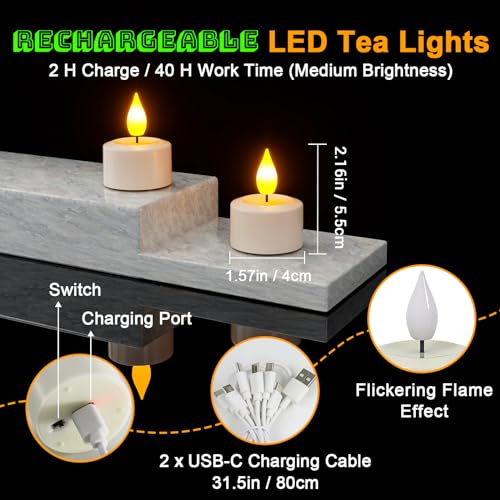 Image of PChero 6 Pack Rechargeable Flameless Tea Lights Candles with Remote Timer | Realistic LED Flickering Tea Lights with USB Rechargeable, Remote Timer, Adjustable Brightness for Home Decor