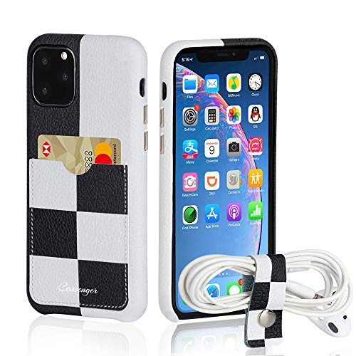 Cassenger Checkerboard Series Case with Free Leather Cable Strap Compatible with iPhone 11 Pro Max 2019,Black & White Checker