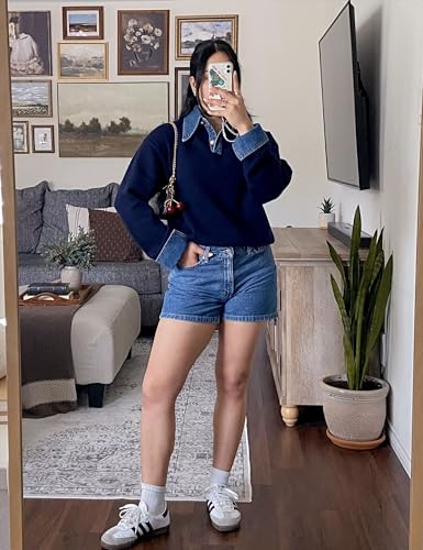 Womens Fall Oversized Long Sleeve Sweaters 2 in 1 Denim Panel Lapel Sweater Polo Knit Sweater Tops3