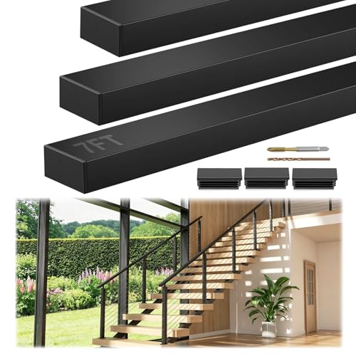 Image of 7FT Stainless Steel T304 Black Handrail, 3 Pack Rectangular Tube Cable Railing Handrail with Plastic End Caps, Flat Top Rail for Indoor Outdoor Deck Stair Cable Railing System DIY Balustrade