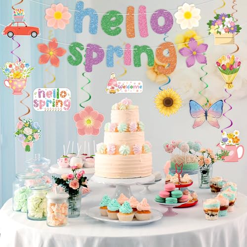Image of Hooqict Spring Party Decorations Hello Spring Banner with 15Pcs Flower Butterfly Hanging Swirl Ceiling Streamers for Springtime Easter Birthday Party Decorations Home Office Classroom Garden Decor